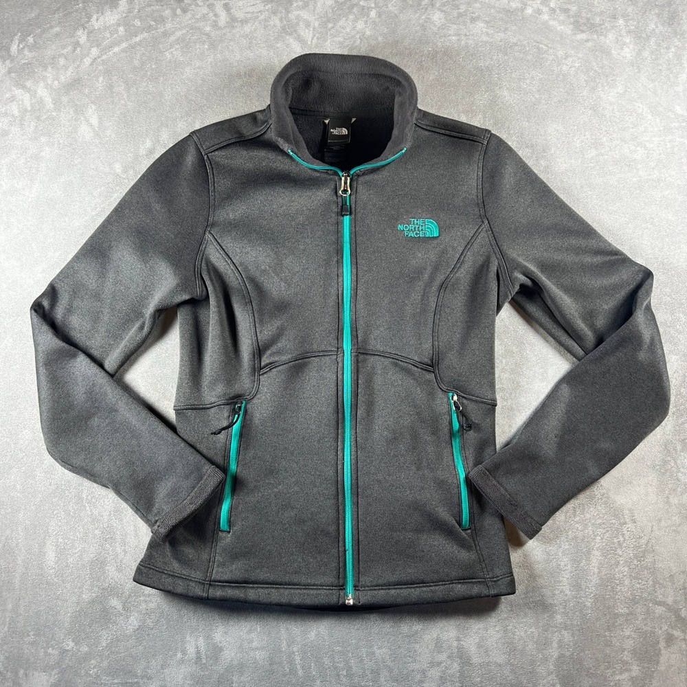 The North Face Womens Small Gray Teal Full Zip Fleece Jacket Mock Neck